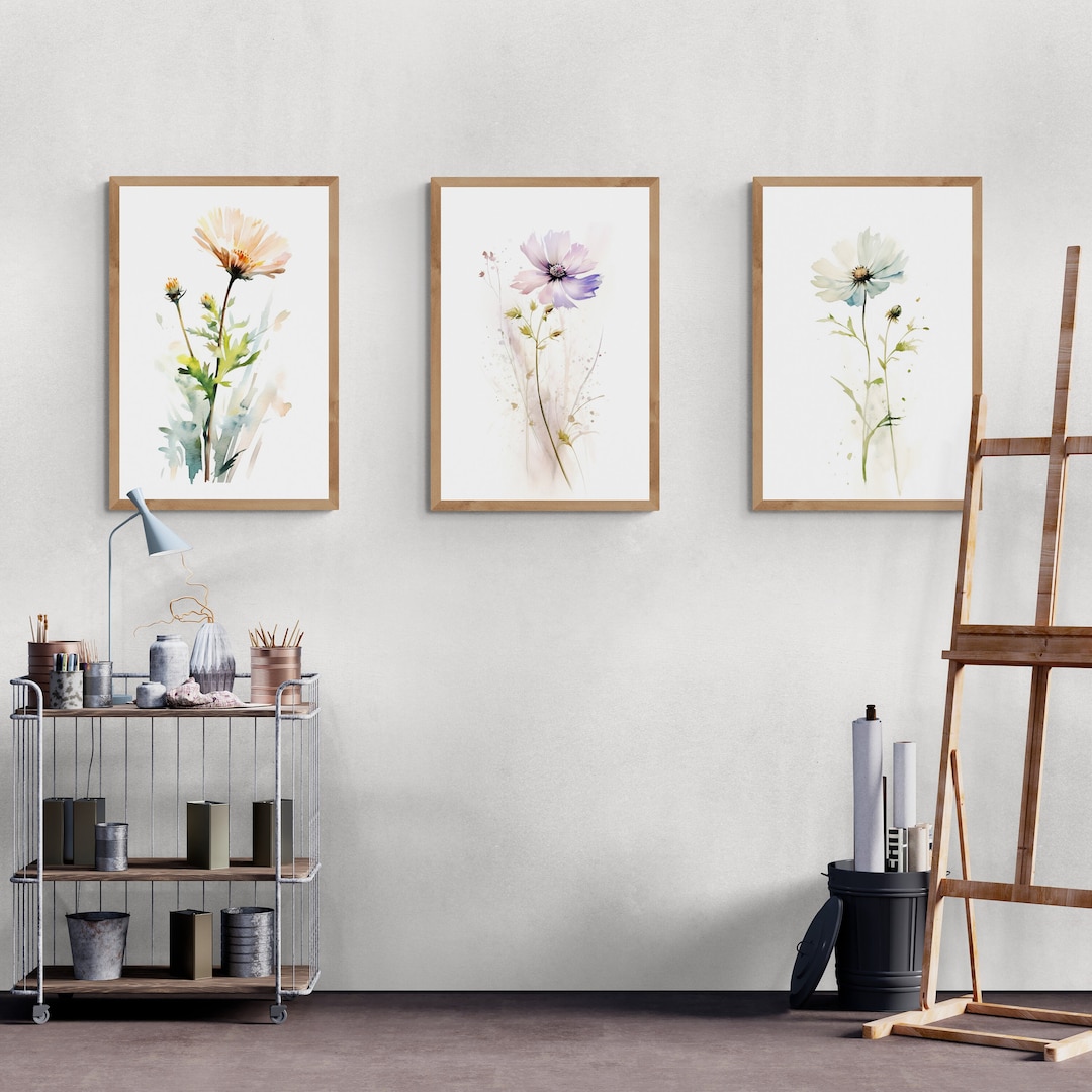 Spring Flowers Wall Art Set of 3 Wildflowers Minimalist, Summer Digital