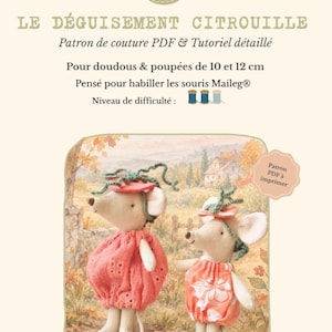 Può includere: Un cartamodello PDF e un tutorial dettagliato per un costume da zucca per bambole da 10 e 12 cm. Il documento riporta il testo Mon Paradis Se Crée, Le Déguisement Citrouille e Patron PDF à imprimer, con l'illustrazione di due topolini che indossano costumi da zucca.