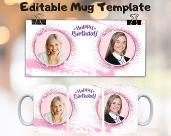 Plantilla de taza personalizada con foto de feliz cumpleaños (descarga digital)