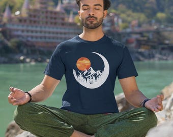 Zen Crescent Moon Tee | Peaceful Mountain Pine Tree Shirt | Spiritual Yoga Top | Nature Inspired Calming Design Relaxing Meditation Apparel