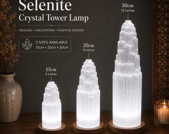 Handmade Selenite Crystal Tower Lamp LED White Light Wooden Base Meditation