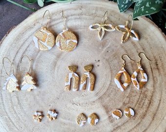 White and gold earrings, holiday earrings, CHristmas earrings, polymer clay earrings