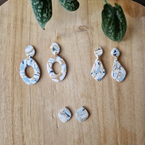 Azure and white marble earrings, elegant polymer clay earrings