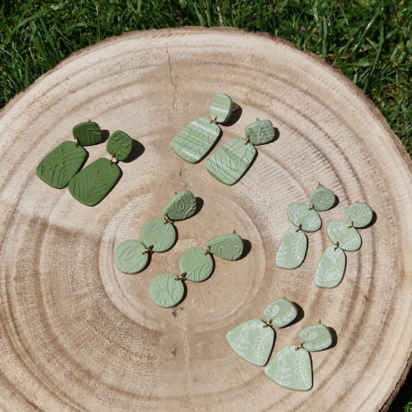 Sage green botanical polymer clay earrings