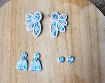 White Polymer Clay Statement Earrings: Turquoise Pattern Studs