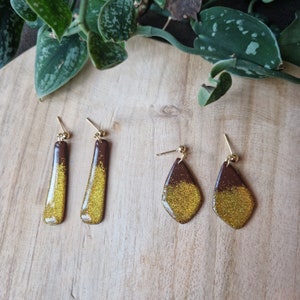 Gold glitter and brown earrings, new year&#39;s earrings, party earrings, polymer clay earrings