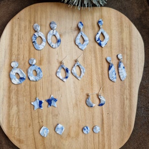 Blue and silver marble earrings, elegant polymer clay earrings