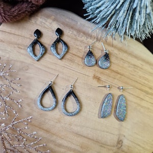 Holographic glitter and black earrings, new year&#39;s earrings, party earrings, polymer clay earrings