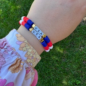 USA flag bracelet / American bracelet / Name beaded bracelet / Custom bracelet / Gift for her / Gift for him