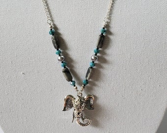 Filigree Elephant Necklace in teal and gray