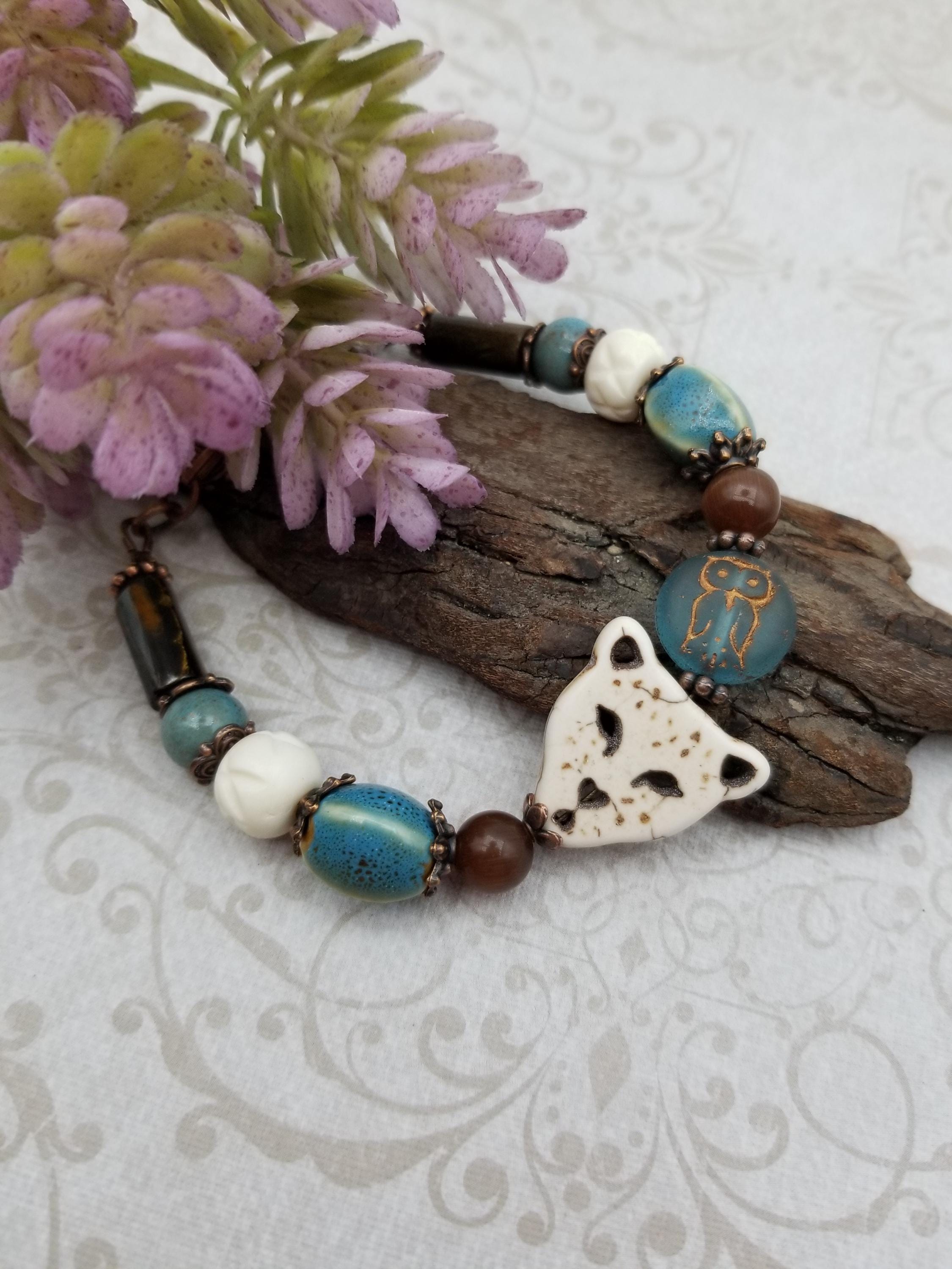 White Cheetah Stone & Czech Glass Owl Beaded Bracelet, Tiger's Eye