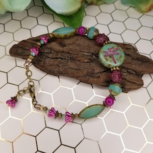 Green and pink dragonfly coin bead bracelet,  magenta Agate beads bracelet, Czech spindle bead in aqua opaline, pink Czech bellflower beads