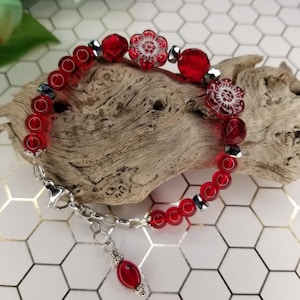 Ruby red flower beaded bracelet, ruby red and silver tone beaded bracelet, Czech glass red beads bracelet, stainless steel extender chain