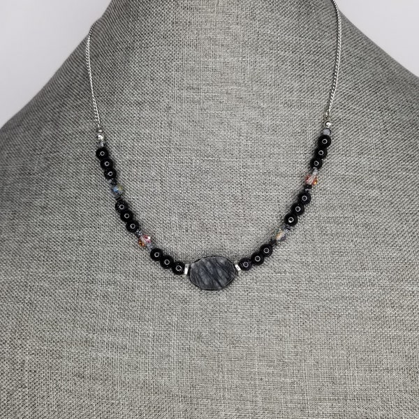 Rare Black Serpentine necklace with Blue Goldstone beads