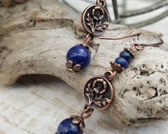 Copper flower charm dangle earrings with Lapis Lazuli.