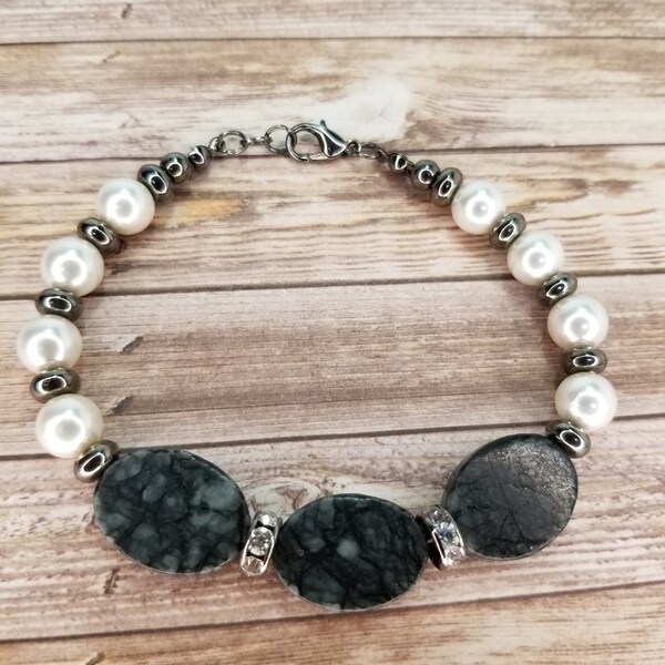 Rare Black Serpentine bracelet with white glass pearls