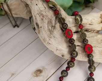 Dragon Blood Jasper Beaded Necklace, Czech Glass Hibiscus Flowers