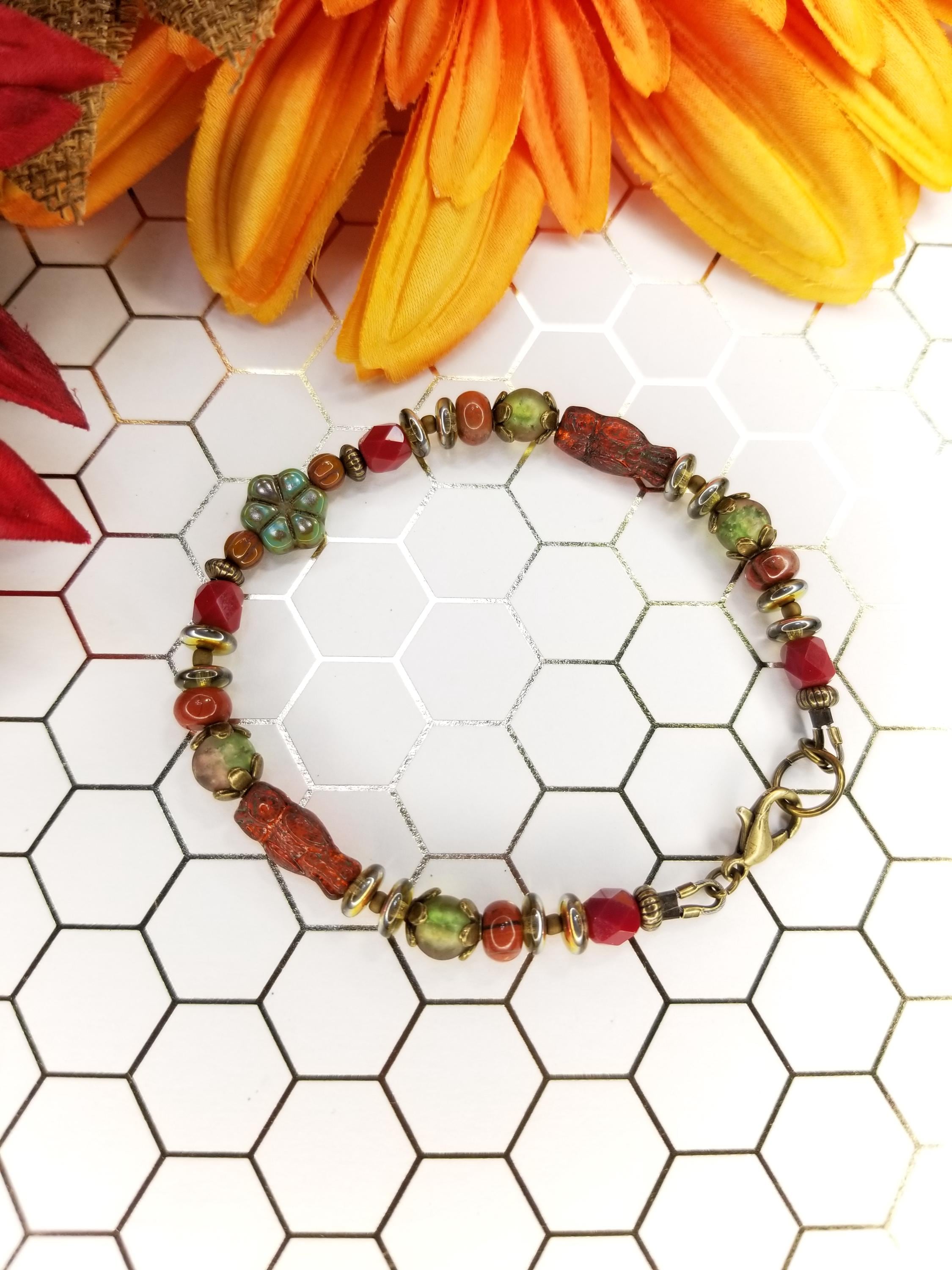 Owl Beaded Bracelet: Red Jasper, Czech Glass, Autumnal Jewelry