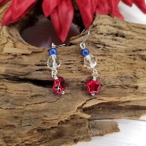 Patriotic earrings, July 4th drop dangle earrings, Independence Day jewelry, Czech glass red star bead, red white and blue beads earrings
