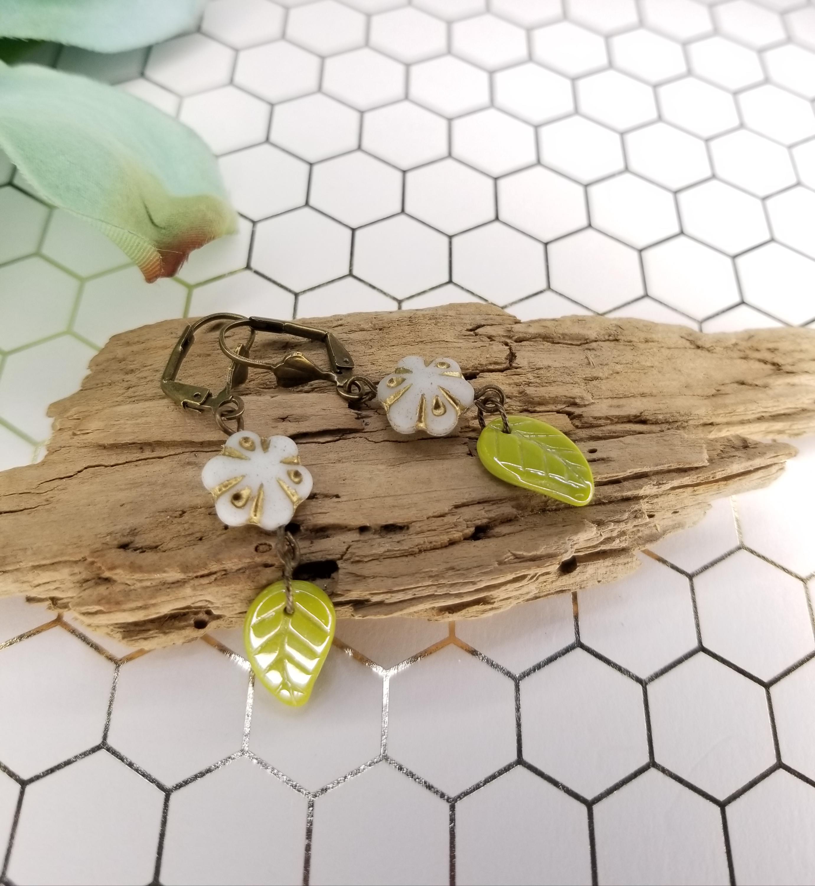 Czech Glass Flower Leaf Dangle Earrings: Spring Tone Lever Back - Etsy