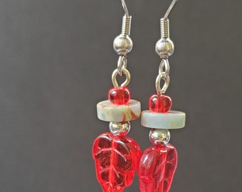 Cute red Czech leaf dangle drop earrings with Serpentine Gemstone heishi beads