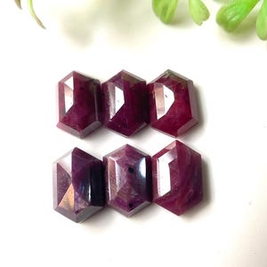 May include: Six faceted, hexagonal-shaped ruby gemstones. The gems are a deep, rich red color with visible internal structures. The stones are arranged in two rows of three on a white surface, with green foliage in the background.