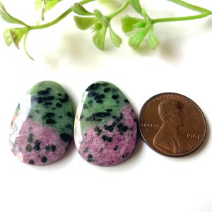 Könnte beinhalten: Zwei ovale Rubin-Zoisit-Edelsteine mit grünen, rosa und schwarzen Mustern. Ein Cent-Stück wird zum Größenvergleich neben die Edelsteine gelegt. Die Edelsteine liegen auf einer weißen Oberfläche mit grünen Blättern.