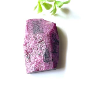 Puede incluir: Una gema de rubí en bruto, de color rosa intenso con inclusiones oscuras. La piedra natural tiene una superficie texturizada y una forma irregular. Fondo blanco, con una ramita de hojas verdes en la esquina superior derecha.