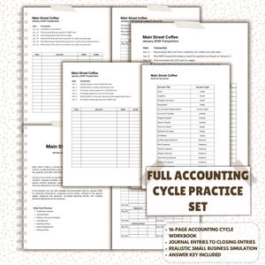 May include: A stack of accounting practice worksheets labeled "Main Street Coffee." The worksheets include transaction records, charts of accounts, and a workbook. The text "Full Accounting Cycle Practice Set" is also visible.
