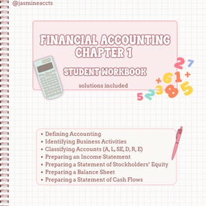 Può includere: Un quaderno di esercizi intitolato Financial Accounting Chapter 1 con soluzioni incluse. La copertina presenta una calcolatrice, numeri colorati e un elenco di argomenti tra cui la definizione di contabilità, attività e bilanci.