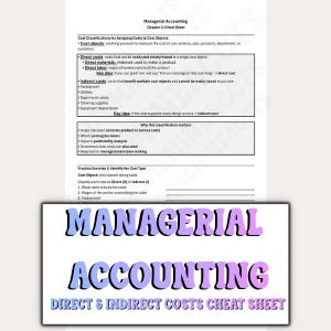 Può includere: Un promemoria di contabilità gestionale con testo su classificazioni dei costi, costi diretti e indiretti ed esercizi pratici. Il titolo "Managerial Accounting" è in basso.