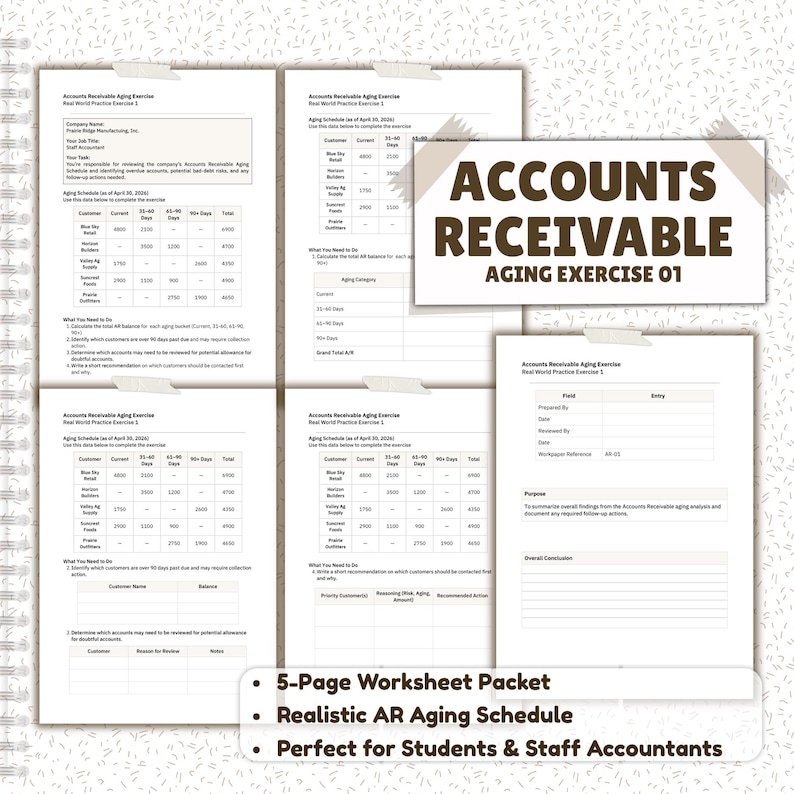 Accounts Receivable Aging Worksheet 5 Page Accounting Exercise - Etsy