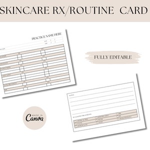Peut inclure: Une carte de routine de soins de la peau imprimable avec un fond blanc et du texte noir. La carte est divisée en deux sections. La section de gauche est un tableau avec des en-têtes pour "Nom du produit", "AM", "PM" et "Notes". La section de droite est une liste de traitements suggérés, notamment "Peeling chimique", "Filler", "Botox" et "Microneedling". La carte est entièrement modifiable.