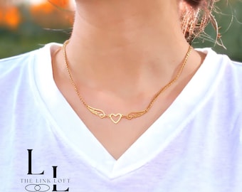 Collar de ala de ángel, collar de corazón y alas, collar celestial, regalo para ella, joyería minimalista, regalo de mujer