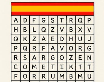 Könnte beinhalten: Ein Wortsuchrätsel mit dem Titel "WORDSEARCH PUZZLE" in Schwarz. Das Rätselgitter enthält Buchstaben, und ein spanisches Flaggen-Design befindet sich oben. Der Text "Spanish To English" steht unten.