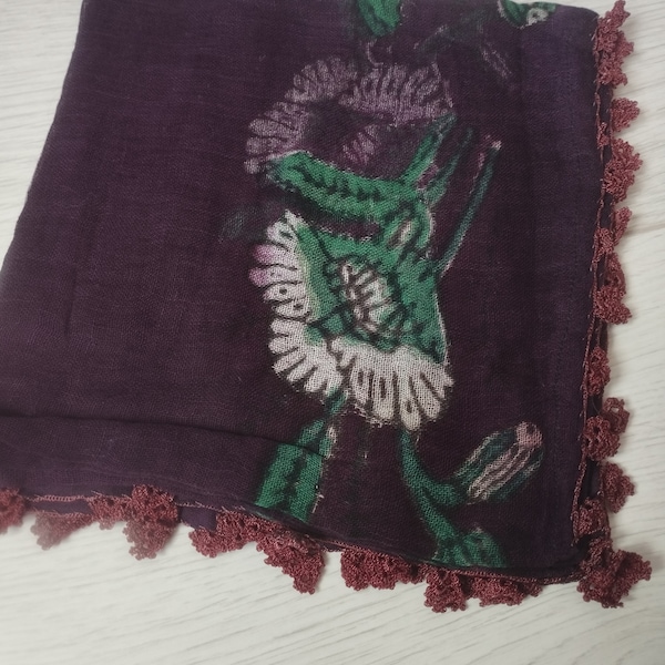 Tradital Turkish Oya Very Thin Headscarf, Traditional Turkish Handmade Oya Scarf, Vintage Yazma Yemeni, 4 Side Frame Oya Embroidered