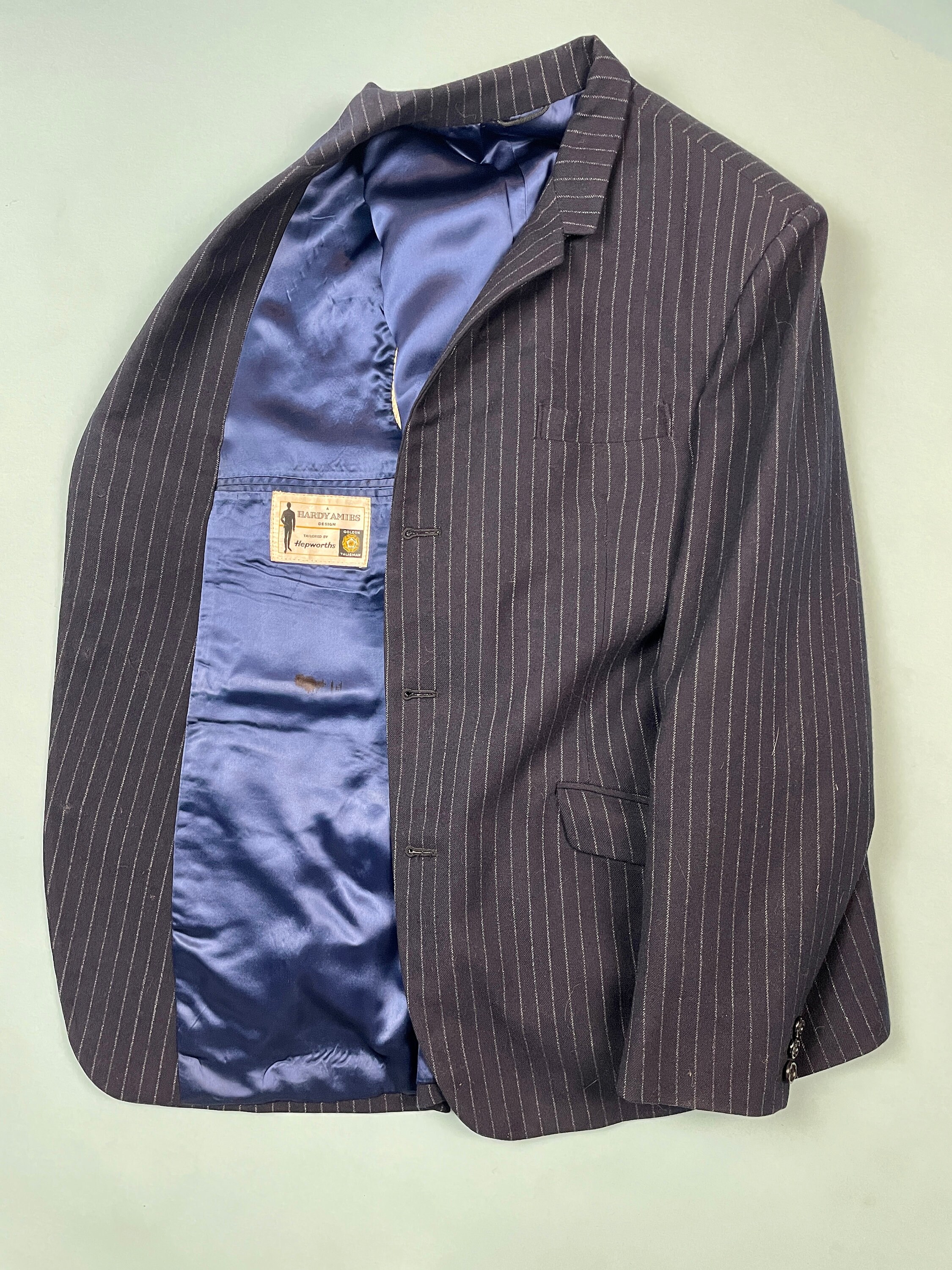 Vintage 1960s Hardy Amies Mens Suit Dark Blue Wool Pinstripe