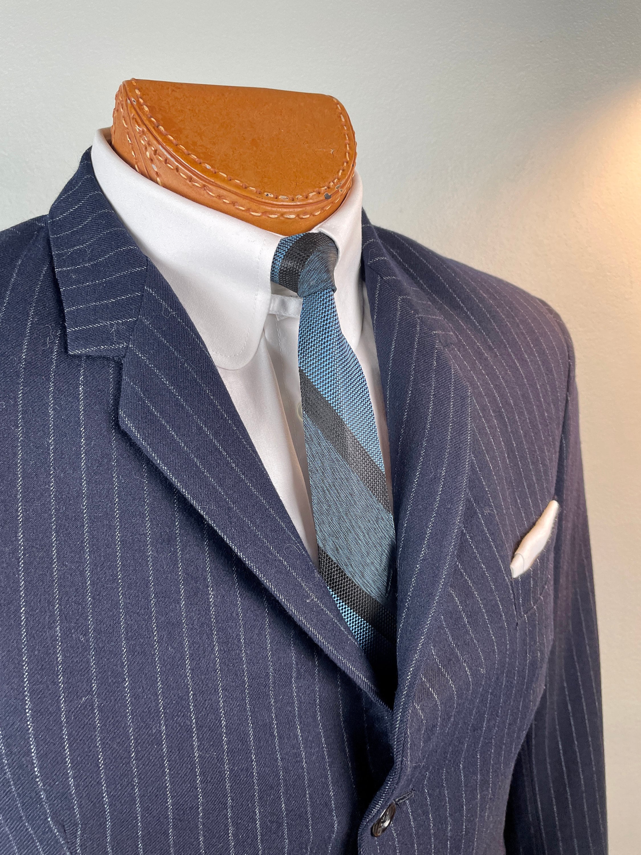 Vintage 1960s Hardy Amies Mens Suit Dark Blue Wool Pinstripe