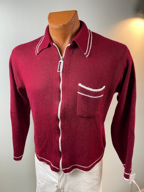 Vintage Men's 1960s Mod Sweater, Red, Zipper Fron… - image 1