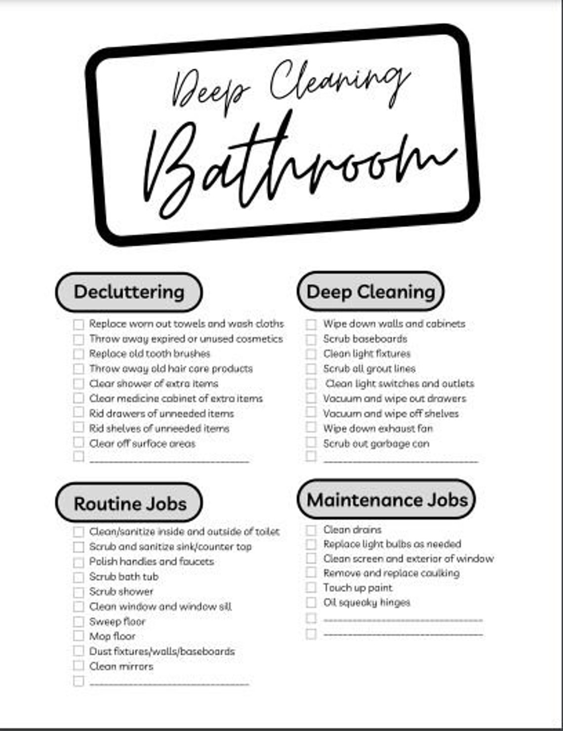 Bathroom Deep Cleaning Checklist Etsy
