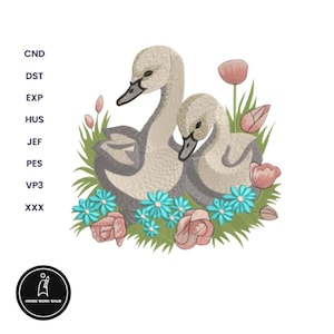 Swans in Flowers Embroidery Design: Waterfowl Pattern (Instant Download)