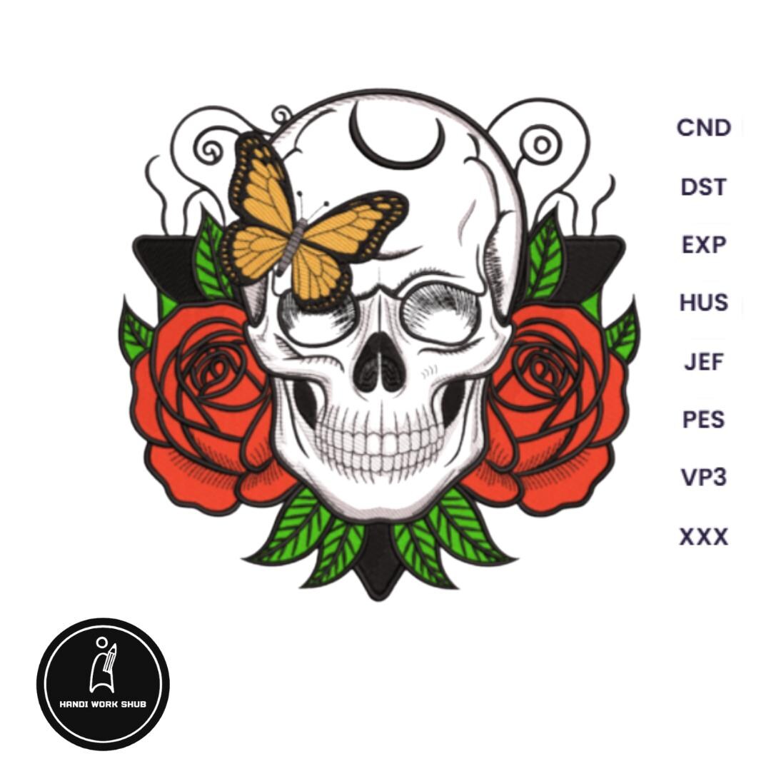 Skull And Roses With Ribbon Skull With Red Roses Embroidery Design Embroidery Halloween Embroidery ...