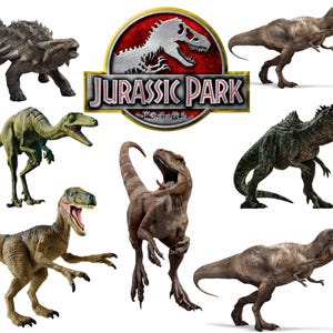 May include: An assortment of dinosaur figures, including a T-Rex, Ankylosaurus, and Velociraptor, are displayed. The Jurassic Park logo is centered, featuring a red and gold emblem with a dinosaur silhouette and the film's title.
