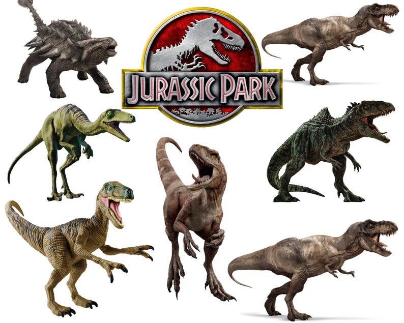 May include: An assortment of dinosaur figures, including a T-Rex, Ankylosaurus, and Velociraptor, are displayed. The Jurassic Park logo is centered, featuring a red and gold emblem with a dinosaur silhouette and the film's title.