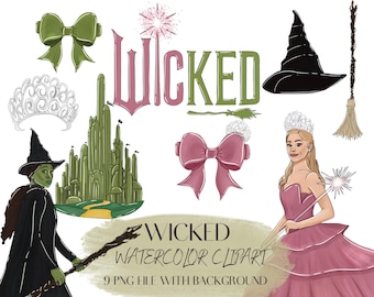 Ond akvarell Clipart, Elphaba PNG, Glinda, Häxor, Smaragdstaden, Handritad, Söt Glitterkonst, Dekoration, POD-leverans