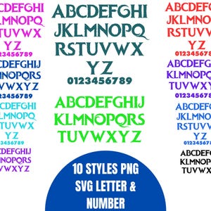 May include: A digital image showcasing 10 different styles of alphabet letters and numbers. The letters and numbers are in various colors, including blue, green, pink, purple, and teal. The image includes the text "10 STYLES PNG SVG LETTER & NUMBER".