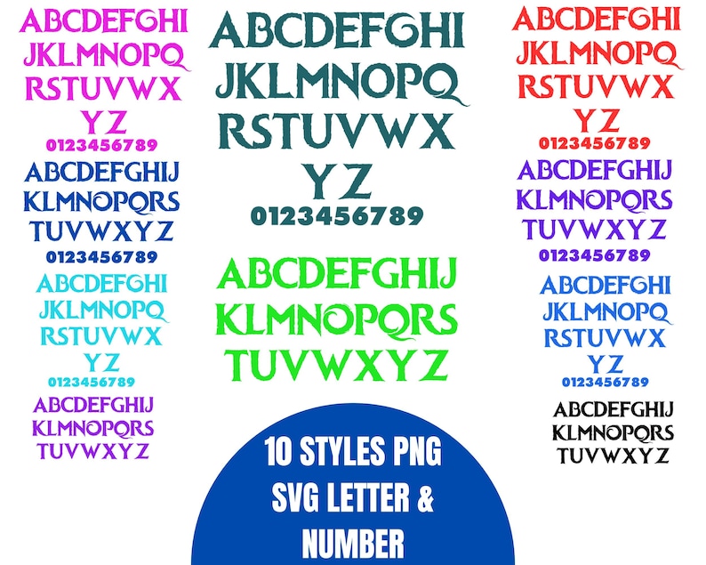 May include: A digital image showcasing 10 different styles of alphabet letters and numbers. The letters and numbers are in various colors, including blue, green, pink, purple, and teal. The image includes the text "10 STYLES PNG SVG LETTER & NUMBER".