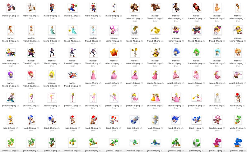Pu&ograve; includere: Una collezione di 64 immagini digitali colorate con personaggi della serie di videogiochi Super Mario. Le immagini includono Mario, Luigi, Peach, Toad, Yoshi e Donkey Kong.