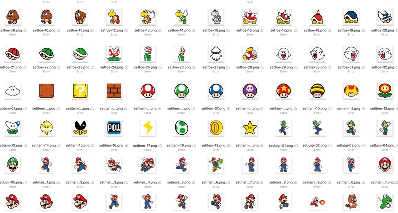 Pu&ograve; includere: Un set di 48 icone pixelate colorate che rappresentano personaggi e oggetti del franchise di videogiochi Super Mario Bros. Le icone includono Mario, Luigi, la principessa Peach, Bowser, i Goomba, i Koopa Troopa e vari power-up.
