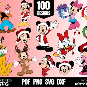 Set di Topolino natalizio - Clipart per bambini vacanze Png, Svg a strati, dxf, pdf - Set natalizio di Minnie Mouse, file tagliati per cricut, silhouette